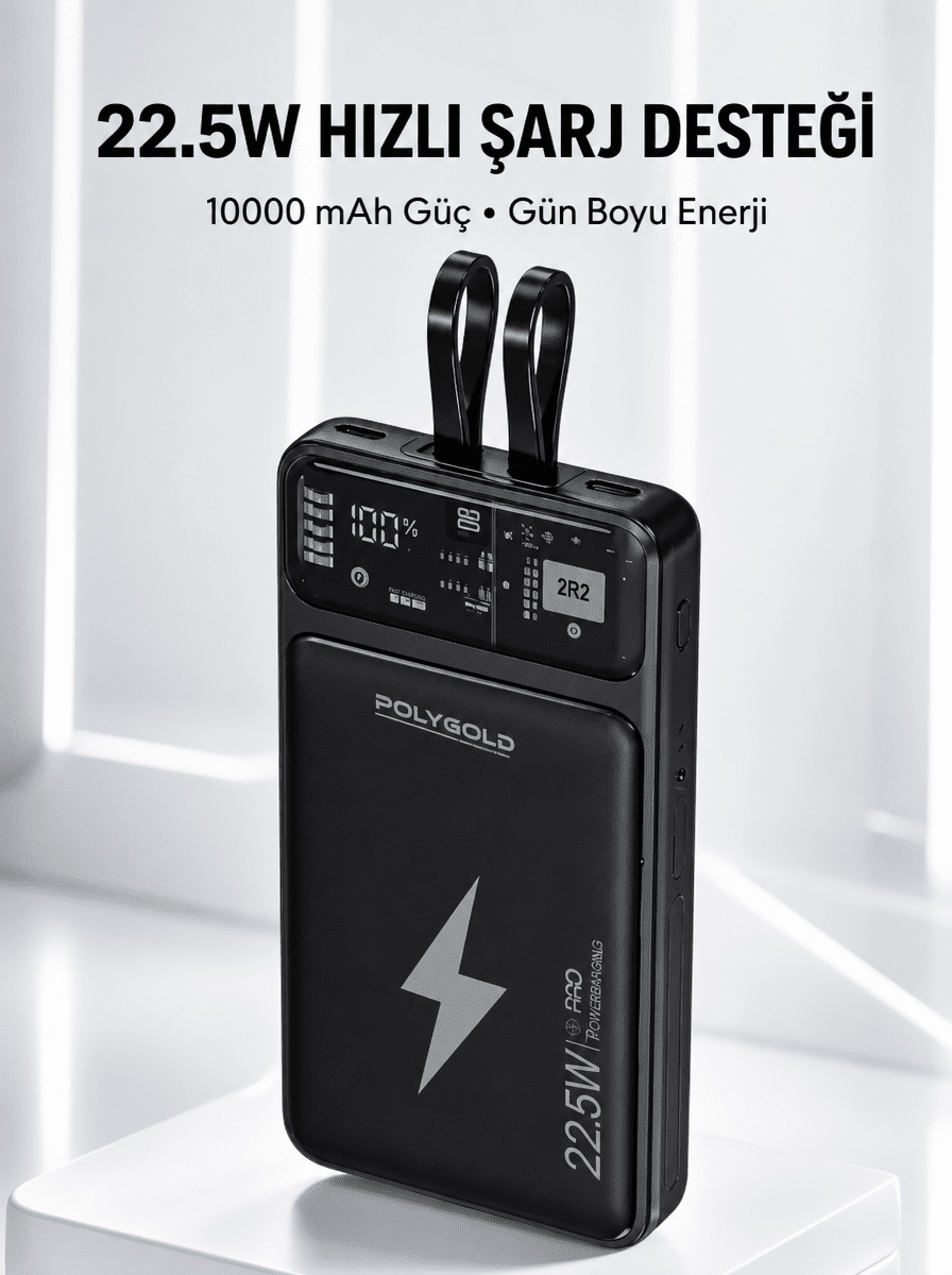 Powerbank Hızlı Şarj 10000 mAh Dahili Kablo Yeni Nesil