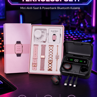 Powerbank Özellikli Bluetooth Kulaklık ve Nabız Ölçer Akıllı Saat Bileklik Hediyeli