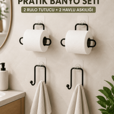 Pratik Banyo Düzenleme Seti 2 Adet Rulo Kağıt Tutucu 2 Adet Havlu Askılığı