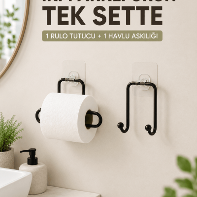Pratik Yapışkanlı Rulo Kağıtlık ve Havlu Bez Askılığı 2 Parça Düzenleyici Set