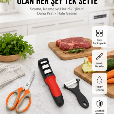 Profesyonel Mutfak Makas Seti –  Kesim Makası + Soyacak + Bileyici Yeni Nesil
