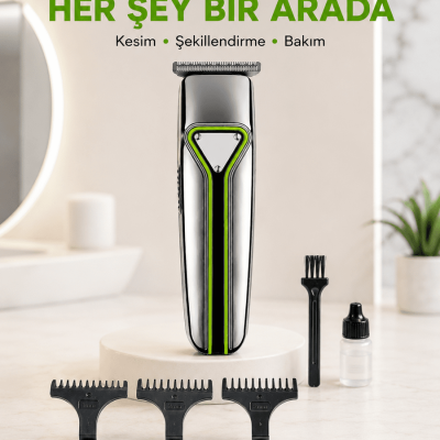 Profesyonel Saç Sakal Tıraş Makinesi T Bıçaklı Şarjlı Kablosuz 3 Taraklı Erkek Bakım Seti