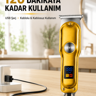 Profesyonel Saç Sakal Tıraş Makinesi T Bıçaklı Turbo Modlu LED Ekranlı 3 Taraklı Şarjlı
