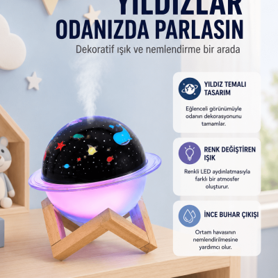 Projektör ışıklı ve aromaterapi destekli taşınabilir nemlendirici cihaz USB bağlantılı
