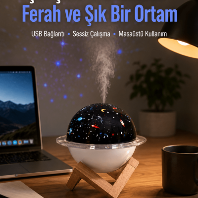 Projektör ışıklı ve aromaterapi destekli taşınabilir nemlendirici cihaz USB bağlantılı
