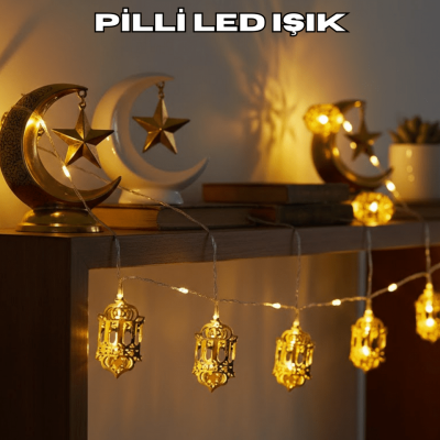 Ramazan Dekoru İçin Pilli LED Işık Altın Fener Tasarımlı