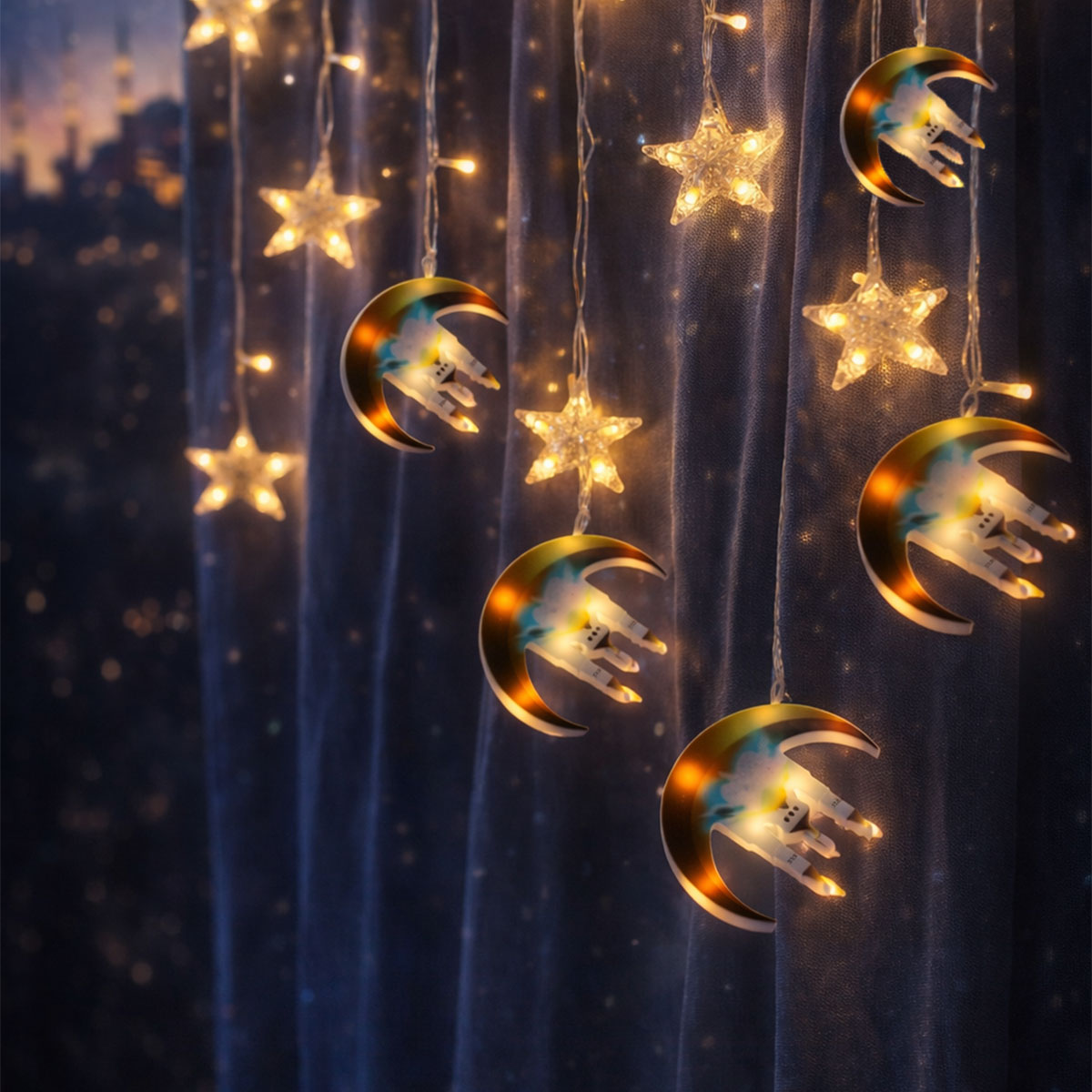 Ramazan LED Perde Lamba 3m Fişli Eklemeli Hilal Cami Yıldız