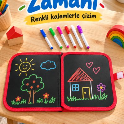 Renkli Kalemli Siyah Sayfalı Desenli Çizim Kitabı