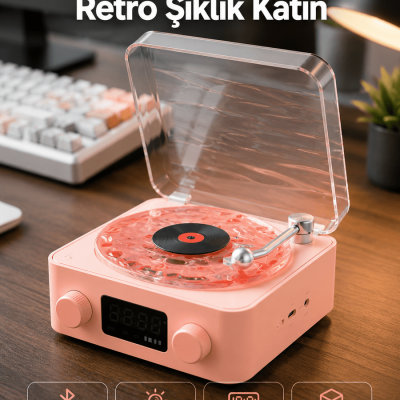 Retro Bluetooth Hoparlör – Kristal Ses, Gece Lambası, Saatli Tasarım Yeni Nesil