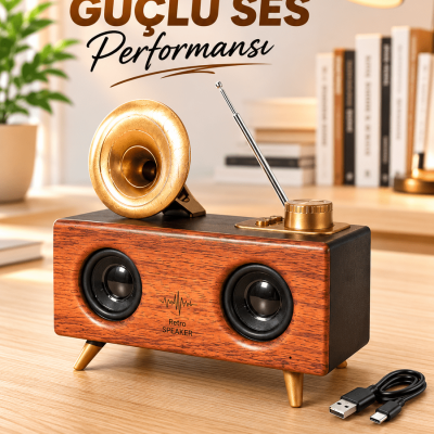 Retro Gramofon Tasarımlı Bluetooth Hoparlör – 3D Stereo Ses, 1800 mAh Batarya