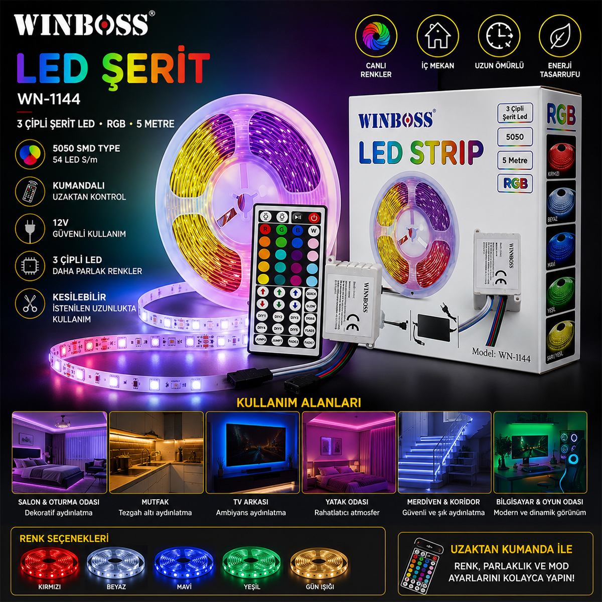 RGB 5050 SMD LED Şerit 5m (54 LED/m) Kumandalı