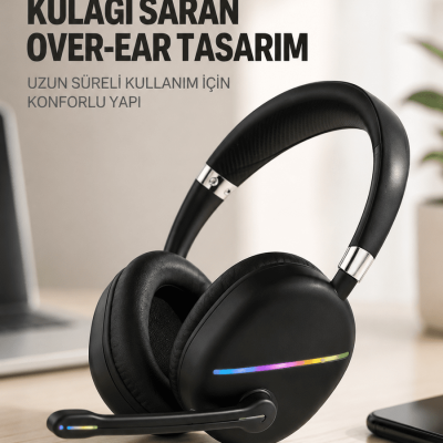 RGB Işıklı Bluetooth Mikrofonlu Kulaklık Uzun Süreli Kullanım Type-C Şarjlı