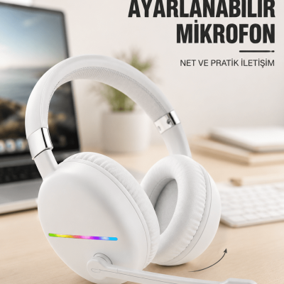 RGB Işıklı Mikrofonlu Bluetooth Kulaklık Beyaz Over-Ear Tasarım Type-C Şarjlı