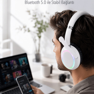 RGB Işıklı Mikrofonlu Bluetooth Kulaklık Beyaz Over-Ear Tasarım Type-C Şarjlı