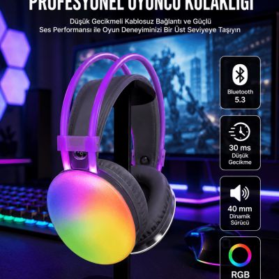RGB Işıklı Yüksek Ses Kaliteli Kablosuz Kulak Üstü Bluetooth Kulaklık