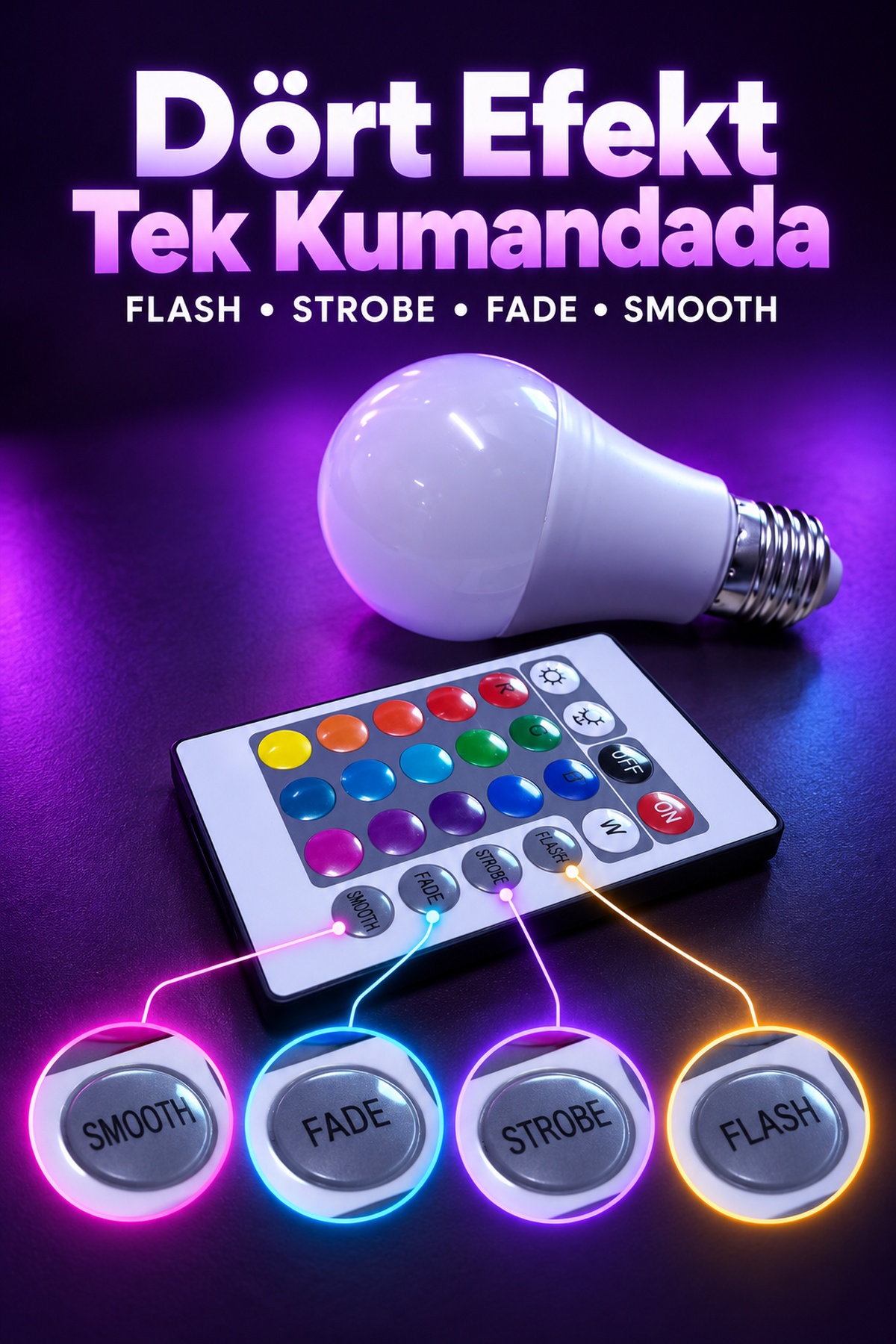 RGB LED Ampul Kumandadan Işık Efekti Seçimli