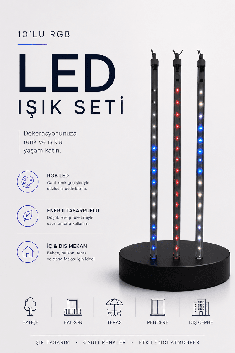 RGB LED Dış Ve İç Mekan Süsleme Işığı 10 Çubuklu Şerit