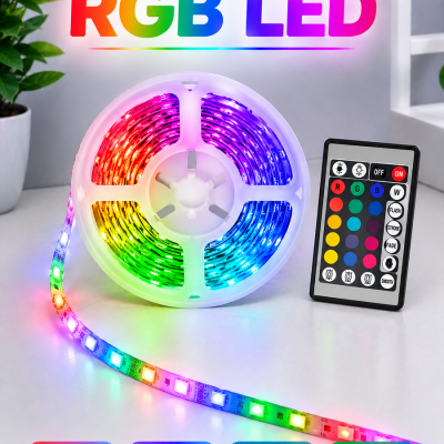 RGB Şerit LED 5 Metre 12V 2835 SMD Kumandalı Renkli Oda ve Ev Aydınlatması