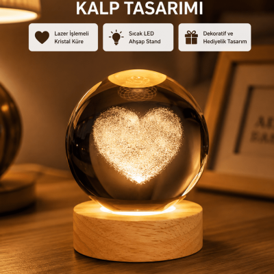 Romantik Kalpli Kristal Cam Küre USB’li Işıklı Dekoratif Obje