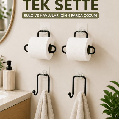 Rulo Kağıt Tutucu ve Havlu Bez Askılığı Seti 2’şer Adet Toplam 4 Parça