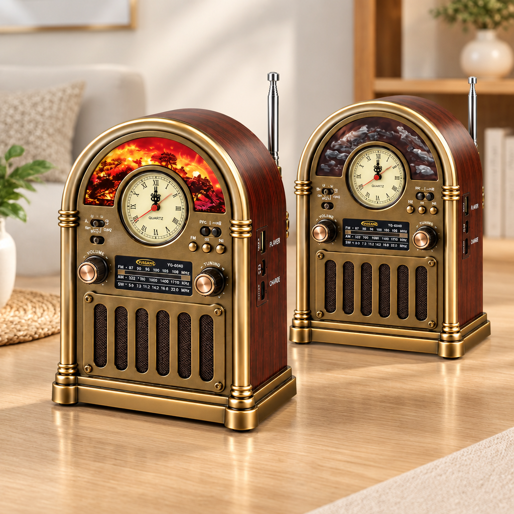 Saatli Retro Şömine Radyo Hoparlör - Bluetooth USB Type-C