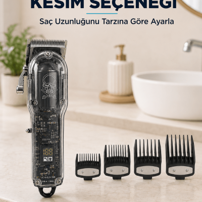 Saç Kesme ve Tıraş Makinesi 4 Kılavuz Taraklı Ayarlanabilir Bıçaklı LCD Ekranlı Şarj Edilebilir Profesyonel Tasarım