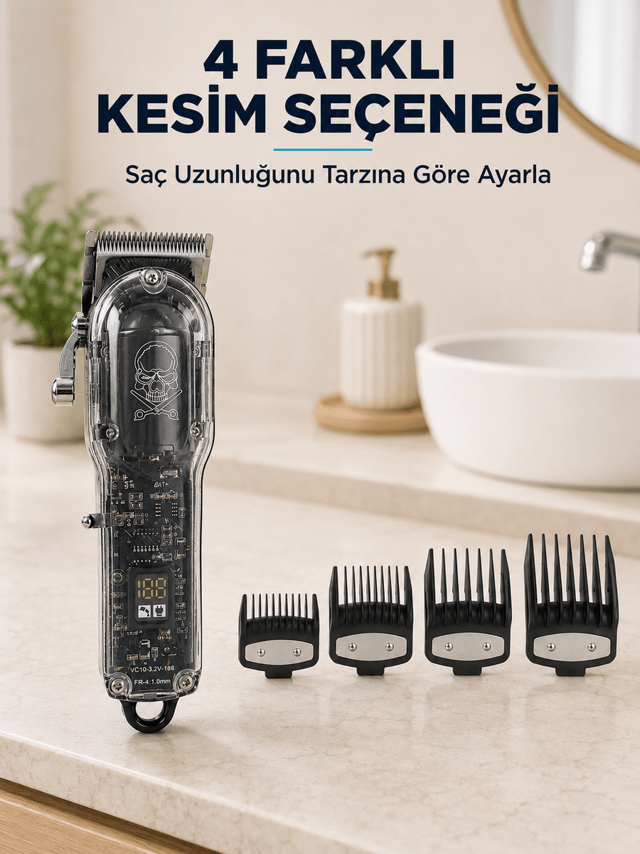 Saç Kesme ve Tıraş Makinesi 4 Kılavuz Taraklı Ayarlanabilir Bıçaklı LCD Ekranlı Şarj Edilebilir Profesyonel Tasarım