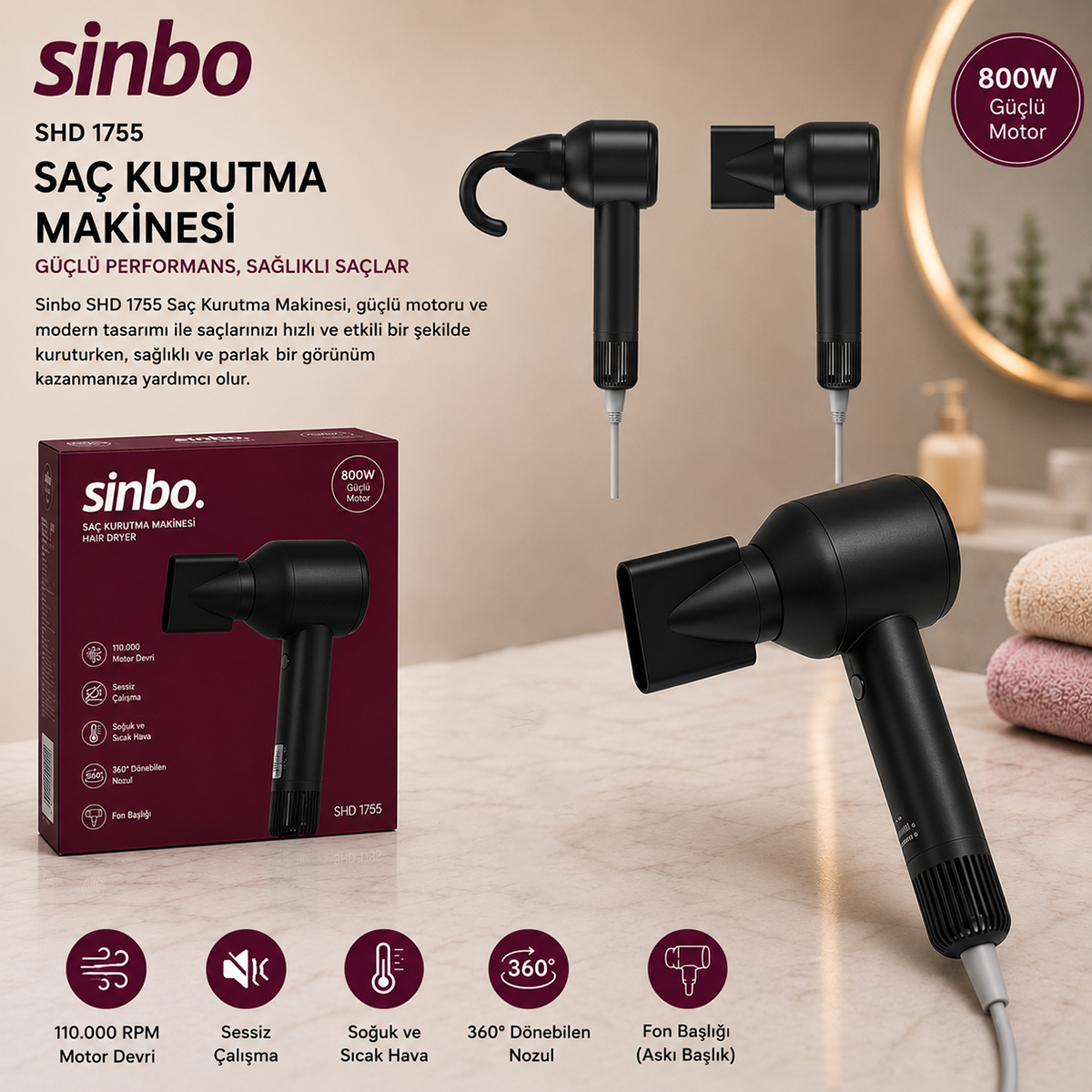 Saç Kurutma Makinesi 110.000 RPM – 3 Hız, Sessiz