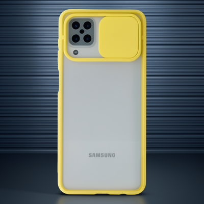 Samsung Galaxy A12 Kılıf Palm Buzlu Kamera Sürgülü Silikon - Sarı
