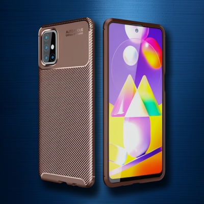 Samsung Galaxy M31s Kılıf Auto Focus Karbon Kapak - Kahverengi