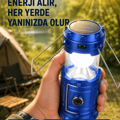 Şarj Edilebilir Güneş Enerjili Kızaklı Kamp Feneri – USB Çıkışlı, Katlanabilir, Dayanıklı ve Çok Fonksiyonlu