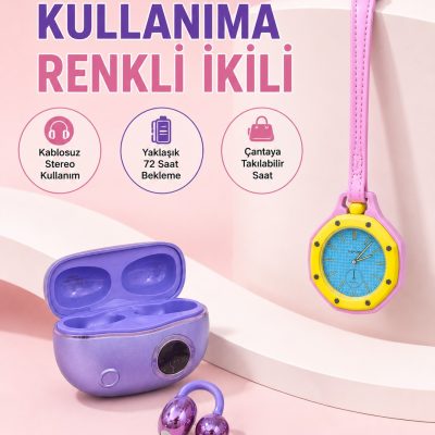 Şarj Kutulu Kablosuz Kulaklık ve Pembe Çanta Charm Analog Saat Seti Müzik ve Aksesuar Bir Arada