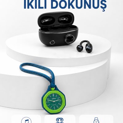 Şarj Kutulu Kablosuz Kulaklık ve Yeşil Askılı Analog Çanta Saati Avantajlı İkili Set