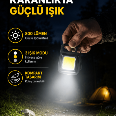 Şarjlı COB LED Anahtarlık Fener – 4 Modlu, Manyetik ve Katlanabilir Standlı Yeni Nesil