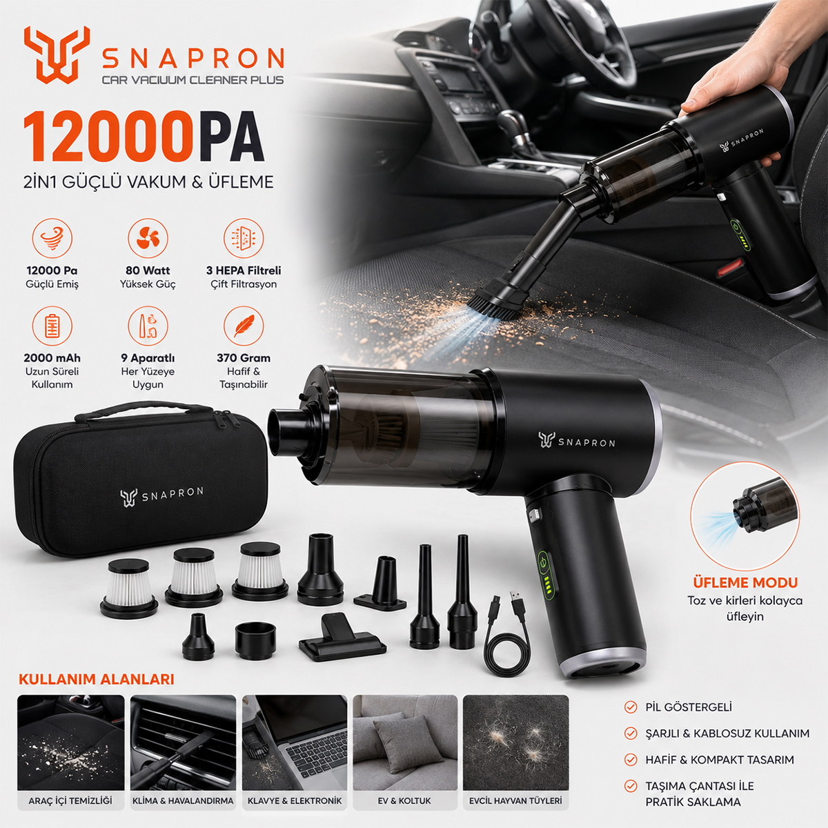 Şarjlı El Tipi Araç Süpürgesi ve Hava Üfleyici 12000PA 80W (2-in-1)