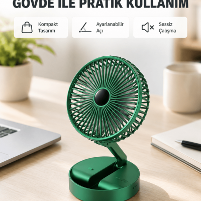 Şarjlı Katlanabilir Mini Fan – 3 Kademe Hız Ayarı, Taşınabilir Tasarım