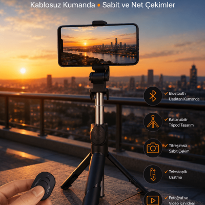 Selfie Çubuğu Tripod Kumandalı Telefon Tutucu Siyah