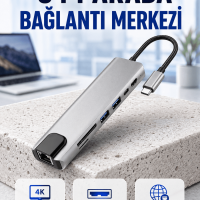Seyahat Dostu 8‑in‑1 Hub – Şarj & Veri & Video & Ağ için Eksiksiz Çözüm (Kopya)