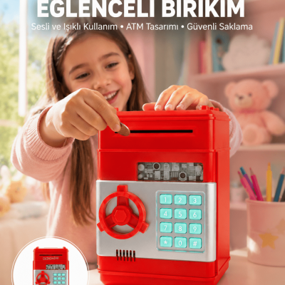 Şifreli Kırmızı ATM Tasarımlı Çelik Kasa Görünümlü Kumbara