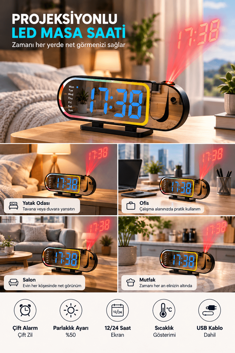 Modern LED Masa Saati Dijital Ekranlı Alarm Parlaklık Ayarlı 12 24 Saat Sıcaklık Göstergeli