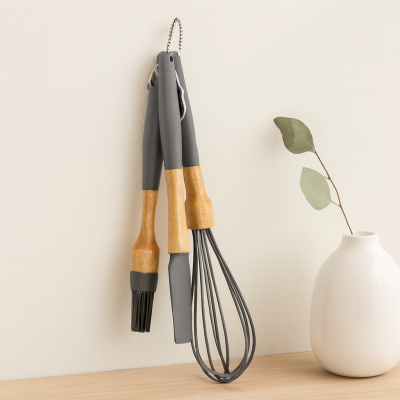 Silikon Çırpıcı, Fırça ve Spatula - Ahşap Bambu Saplı