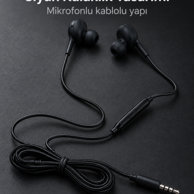 Silikon Uçlu Mikrofonlu Siyah Kablolu Kulak İçi Kulaklık