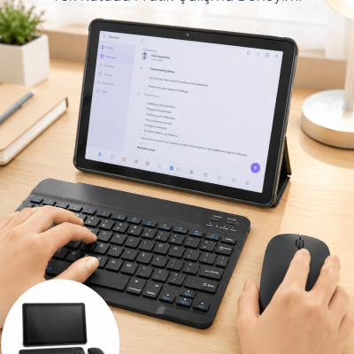 SIM Kartlı Android Tablet Bluetooth Klavye Kablosuz Mouse Geniş Ekran ve Taşınabilir Kullanım Seti