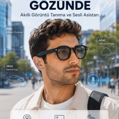 Siyah 3 Lensli Akıllı Kamera Gözlüğü Bluetooth Görüşme Müzik Kontrolü AI Sesli Asistan ve Görüntü Tanıma
