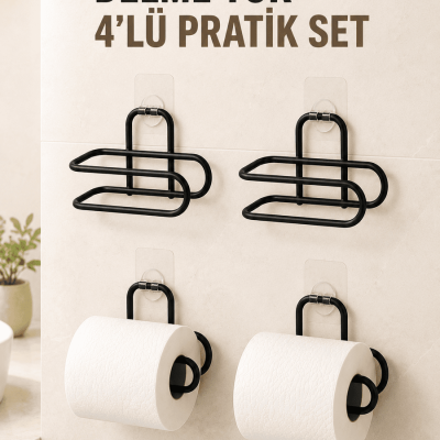 Siyah 4 Adet Metal Tuvalet Kağıdı Tutucu Kendinden Yapışkanlı Delmeden Montaj Banyo Askısı