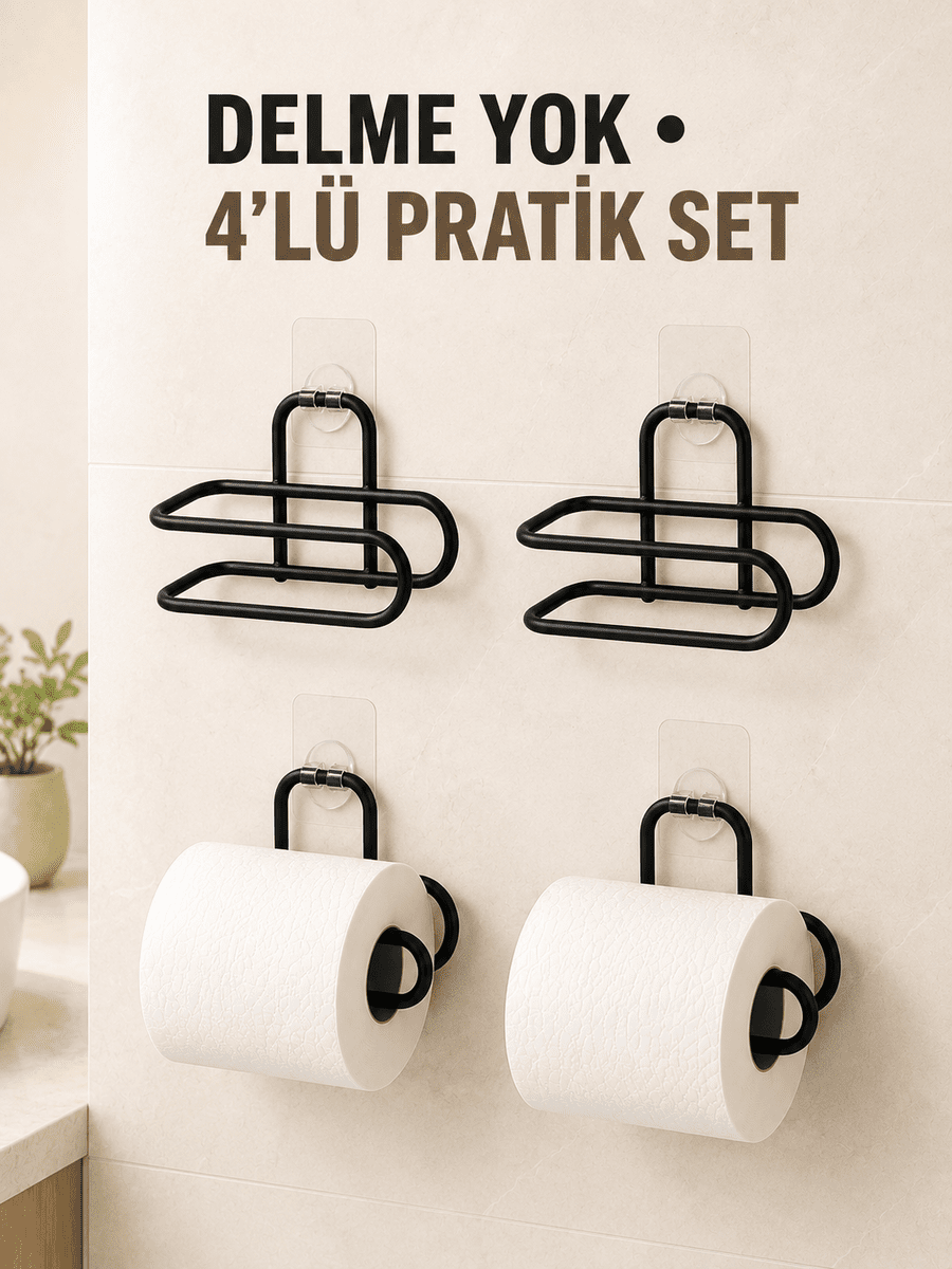 Siyah 4 Adet Metal Tuvalet Kağıdı Tutucu Kendinden Yapışkanlı Delmeden Montaj Banyo Askısı