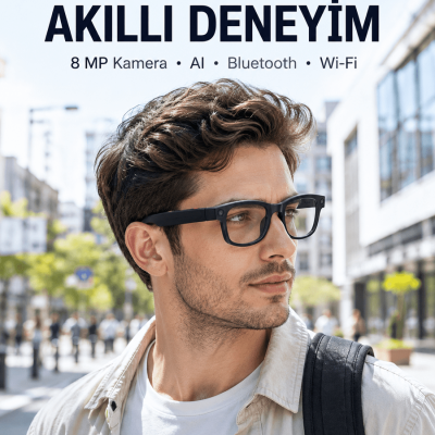 Siyah 8 MP Kameralı Akıllı Gözlük Bluetooth Wi-Fi Bağlantılı Fotoğraf Video Ses Kayıtlı AI Destekli 3 Lensli