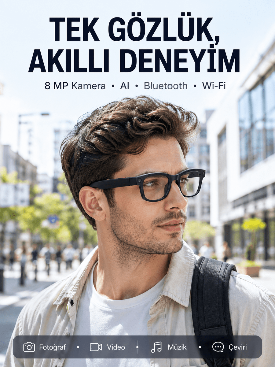 Siyah 8 MP Kameralı Akıllı Gözlük Bluetooth Wi-Fi Bağlantılı Fotoğraf Video Ses Kayıtlı AI Destekli 3 Lensli