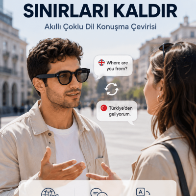 Siyah AI Akıllı Gözlük Fotoğraf Video Ses Kayıtlı Çoklu Dil Çeviri Bluetooth Bağlantılı 3 Lensli