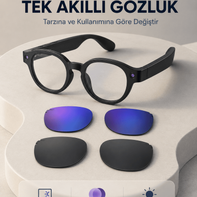 Siyah Akıllı Kamera Gözlüğü Fotoğraf Video Çekimli Yapay Zeka Destekli Bluetooth Çoklu Dil Çeviri 3 Lensli